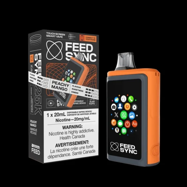 Feed Sync Peachy Mango flavour vape with touchscreen and USB-C