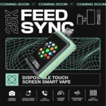 Feed Sync disposable vape with touch screen interface and app-like icons, featuring 25000 puffs