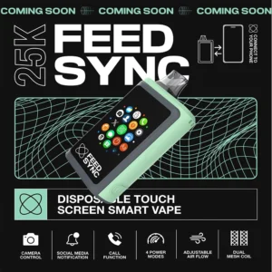Feed Sync disposable vape with touch screen interface and app-like icons, featuring 25000 puffs