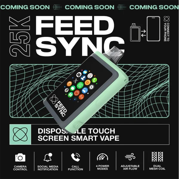 Feed Sync disposable vape with touch screen interface and app-like icons, featuring 25000 puffs