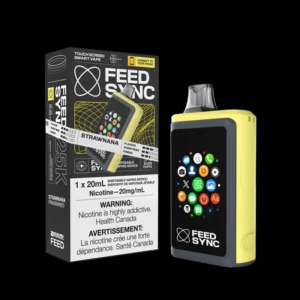 Strawnana Feed Sync vape with vibrant yellow shell and icons