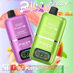 Green and purple 2-in-1 flavor vape with colorful splash background
