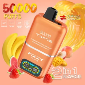 Orange device highlighting Peach Mango and Strawberry Banana flavors