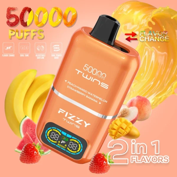 Orange device highlighting Peach Mango and Strawberry Banana flavors