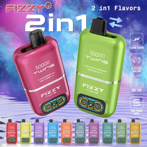 Showcase of Fizzy Twins flavors with 50000 puff capacity