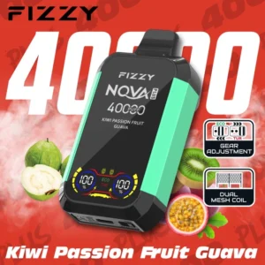 FIZZY NOVA Plus vape with Kiwi, Passion Fruit, and Guava flavors and gear adjustment display