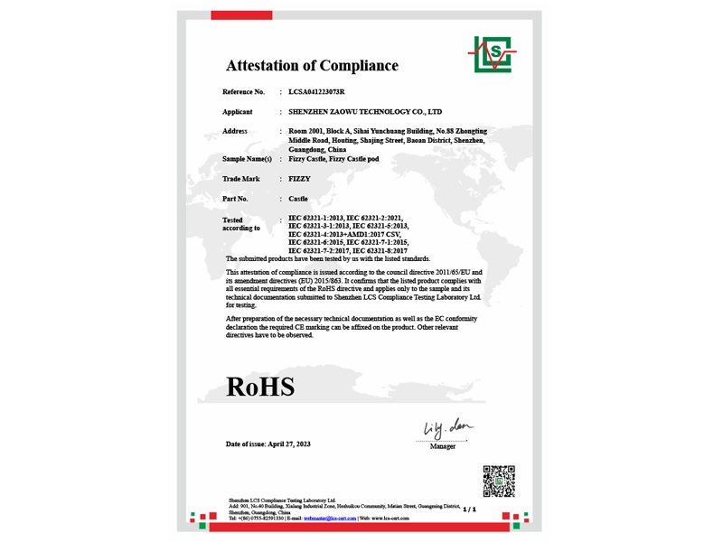 RoHS compliance certificate for VapeByte