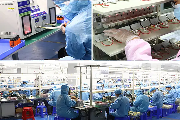 Cleanroom vape production line with trained technicians assembling disposable e-cigarettes