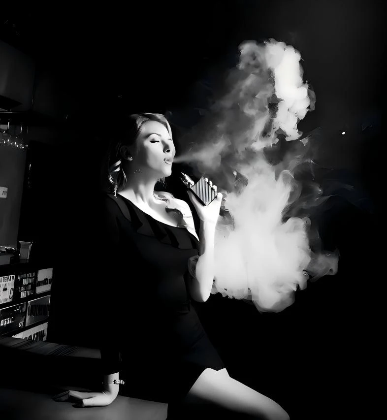 Woman vaping elegantly with VapeByte disposable vape in a stylish indoor setting
