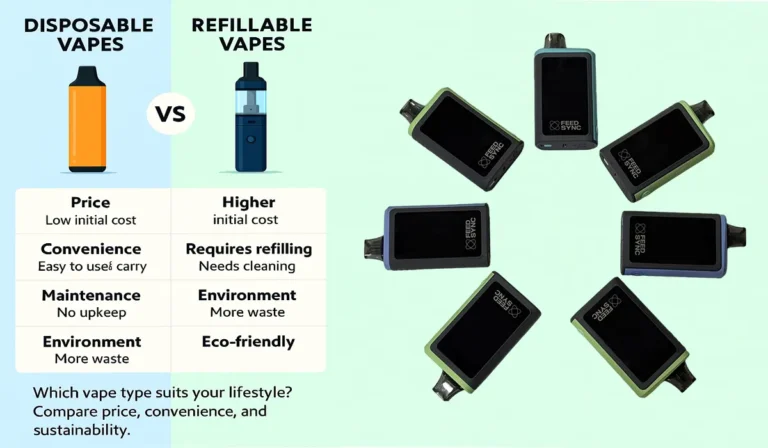 Side-by-side infographic comparing disposable and refillable vape features