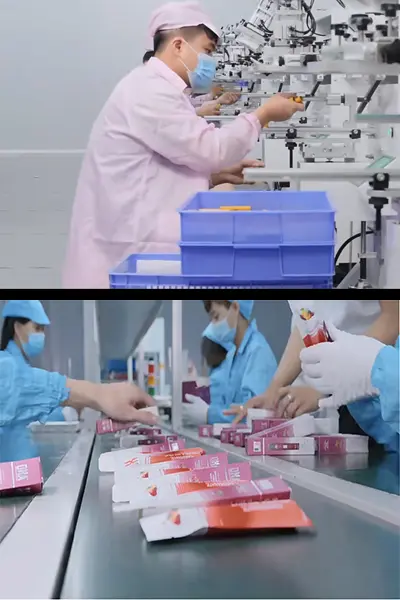Cleanroom vape production line with trained technicians assembling disposable e-cigarettes