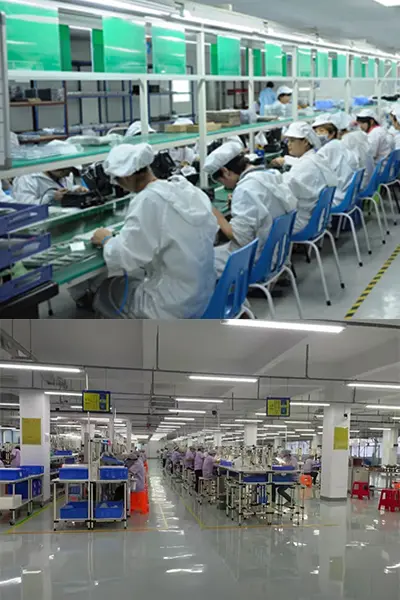 Cleanroom vape production line with trained technicians assembling disposable e-cigarettes
