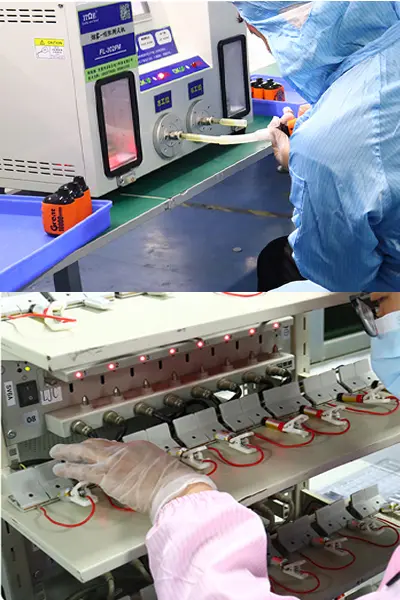 Cleanroom vape production line with trained technicians assembling disposable e-cigarettes