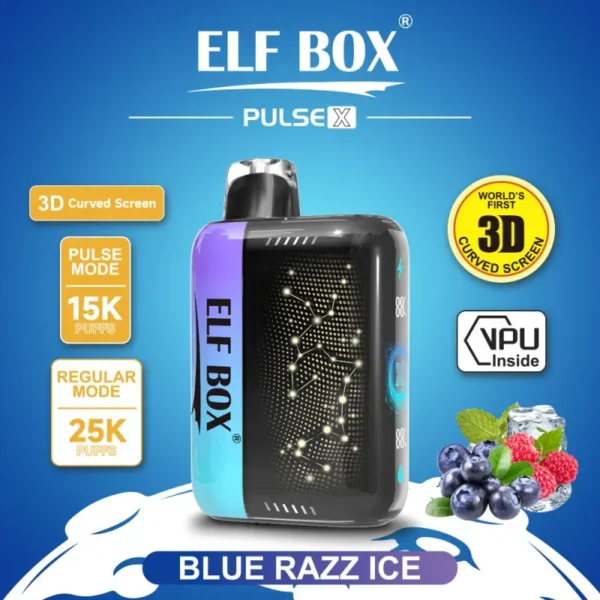 ELF BOX Pulse X Blue Razz Ice flavor, 2% nicotine, up to 25,000 puffs (regular) / 15,000 (pulse), VPU chipset and 3D curved screen.