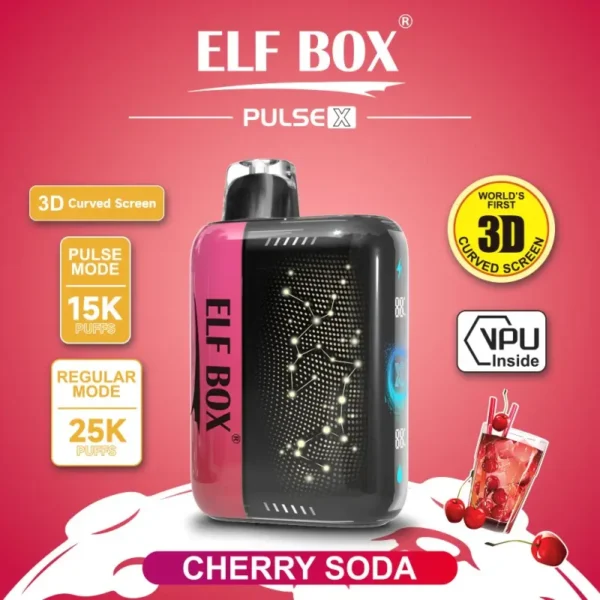 ELF BOX Pulse X Cherry Soda flavor disposable vape with 2% nicotine, regular 25,000 puffs, pulse 15,000, featuring 3D curved screen and VPU chipset.