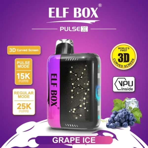 ELF BOX Pulse X Grape Ice with 2% nicotine, 25,000 puffs in regular mode, 3D curved screen and VPU inside.