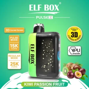 ELF BOX Pulse X in Kiwi Passion Fruit flavor, 2% nicotine, 25,000 puffs (regular), pulse mode 15,000, 3D curved screen with VPU inside.