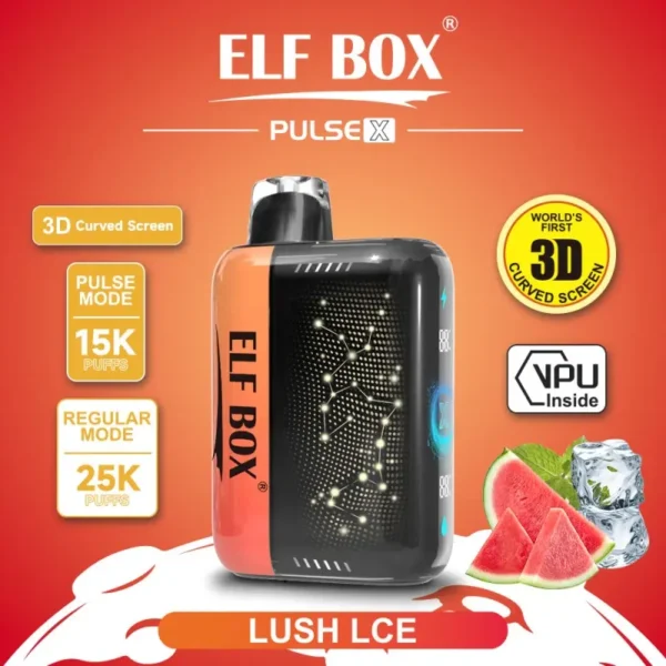 ELF BOX Pulse X Lush Ice flavor disposable vape, 2% nicotine, up to 25,000 puffs regular (15,000 pulse), 3D curved screen, VPU chipset.