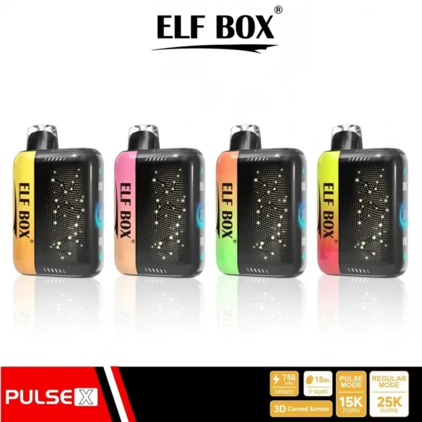 Main cover showing four ELF BOX Pulse X disposable vapes with 2% nicotine, 3D curved screen, VPU inside, up to 25,000 puffs in regular mode (15,000 in pulse mode), 750mAh battery and 18mL e-liquid.