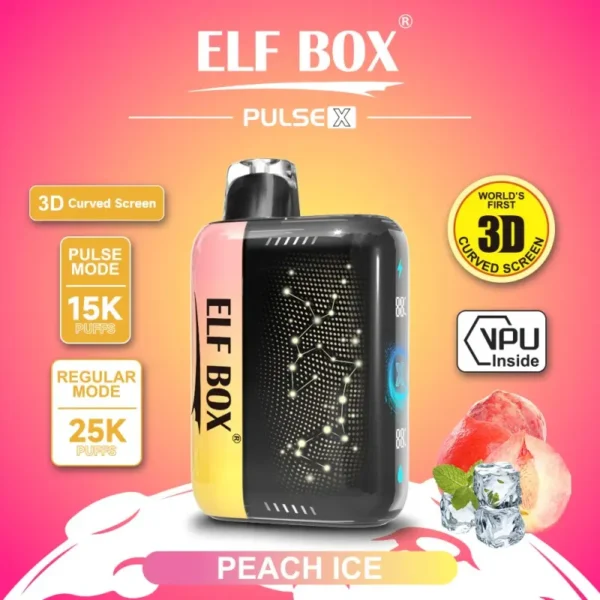 ELF BOX Pulse X Peach Ice flavor, 2% nicotine, 25,000 puffs regular / 15,000 pulse, VPU inside and 3D curved display.