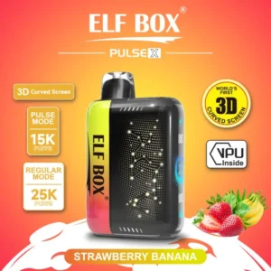 ELF BOX Pulse X Strawberry Banana flavor disposable vape with 2% nicotine, up to 25,000 puffs (regular) / 15,000 (pulse), VPU chipset, 3D curved screen, 750mAh battery and 18mL e-liquid.