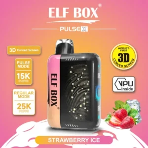 ELF BOX Pulse X Strawberry Ice disposable vape with 2% nicotine, 25,000 regular puffs, 3D curved screen and VPU inside.
