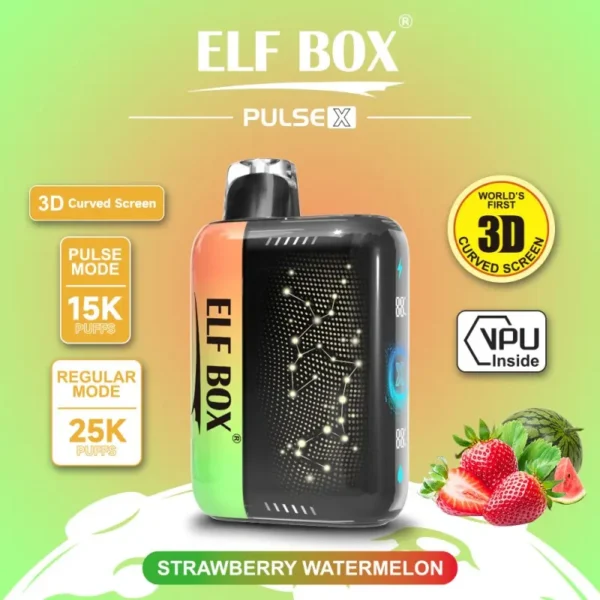 : ELF BOX Pulse X disposable vape in Strawberry Watermelon with 2% nicotine, up to 25,000 puffs in regular mode (15,000 in pulse mode), 3D curved screen and VPU chipset.