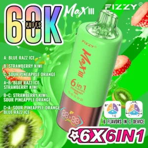 Fizzy Max III Blue Razz Ice, Strawberry Kiwi, Sour Pineapple Orange 6-in-1 disposable vape