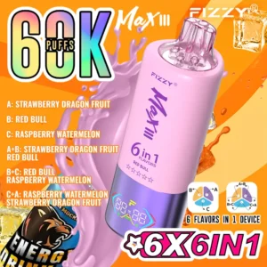 Fizzy Max III 60000 Puffs Red Bull, Strawberry Dragon Fruit, Raspberry Watermelon 6-in-1