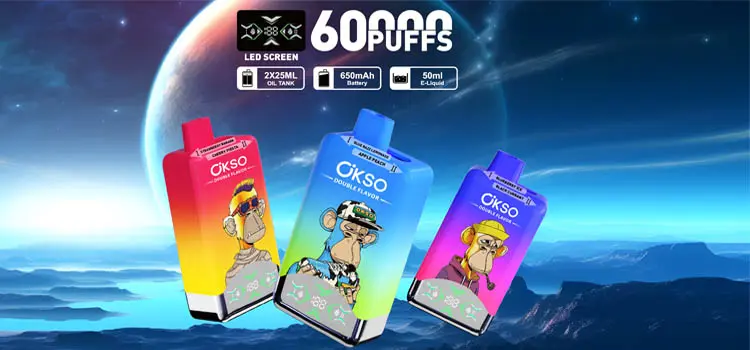 OKSO Double Flavor 60000 – 60,000 Puffs Dual-Flavor & Dual-Mesh Disposable Vape OKSO Double Flavor 60000 disposable vape with 60,000 puffs, dual mesh 0.8Ω + 0.8Ω, 2×25mL split tanks, LED screen and Type-C 650mAh battery, 2% nicotine