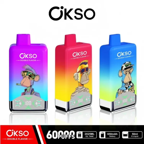 Main cover showing three OKSO Double Flavor 60000 disposable vapes with 2% nicotine, 60,000 puffs, 0.8Ω dual mesh, 2×25mL split tanks (50mL total), LED screen and 650mAh Type-C.