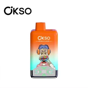 Front view of OKSO Double Flavor 60000 disposable vape, orange shell, 2% nicotine, 60,000 puffs, 0.8Ω dual mesh, 50mL split tanks, LED screen, Type-C charging.