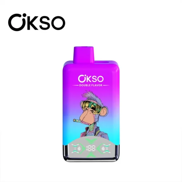 Front image of OKSO Double Flavor 60000 disposable vape with purple shell, 2% nicotine, 60,000 puffs, 0.8Ω dual mesh coil, LED screen and Type-C charging.