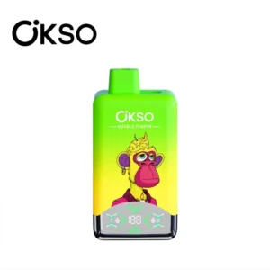 OKSO Double Flavor 60000 disposable vape front, lime-green/yellow shell, 2% nicotine, dual 0.8Ω mesh, 50mL split tanks, LED screen, Type-C.