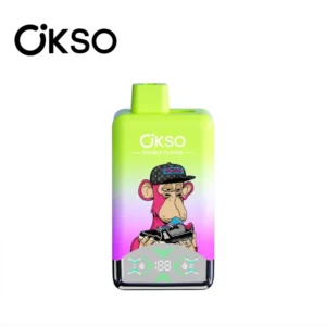 Front image of OKSO Double Flavor 60000 with lime shell, 2% nicotine, dual 0.8Ω mesh heating, LED display, 50mL split tanks and USB-C charging.