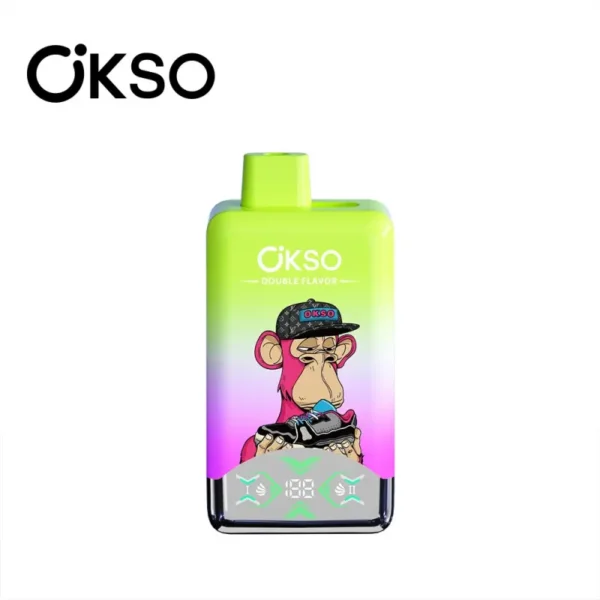 Front image of OKSO Double Flavor 60000 with lime shell, 2% nicotine, dual 0.8Ω mesh heating, LED display, 50mL split tanks and USB-C charging.