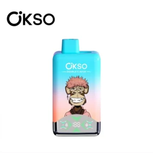 OKSO Double Flavor 60000 front view, sky-blue shell; 2% nicotine, 60,000 puffs, 0.8Ω dual mesh coil, LED screen, Type-C rechargeable 650mAh battery.