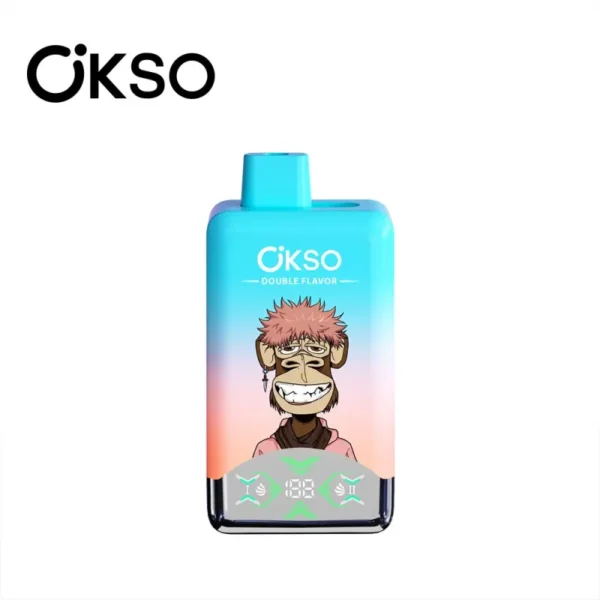 OKSO Double Flavor 60000 front view, sky-blue shell; 2% nicotine, 60,000 puffs, 0.8Ω dual mesh coil, LED screen, Type-C rechargeable 650mAh battery.