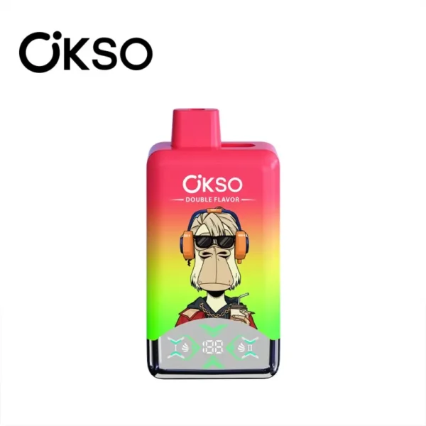 Front view of OKSO Double Flavor 60000 disposable vape with red shell, 2% nicotine, 60,000 puffs, dual 0.8Ω mesh coils, LED screen, USB Type-C charging.