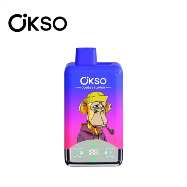OKSO Double Flavor 60000 disposable vape front, blue/purple shell; 2% nicotine, 60,000 puffs, 0.8Ω dual mesh, LED screen, Type-C rechargeable 650mAh battery.