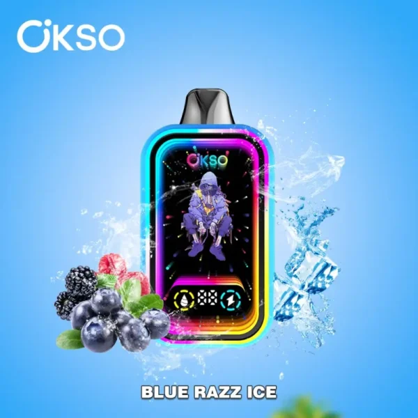 OKSO Magic Mirror 50K Blue Razz Ice disposable vape with 50,000 puffs, dual mesh coil, and sweet blueberry raspberry icy flavor.