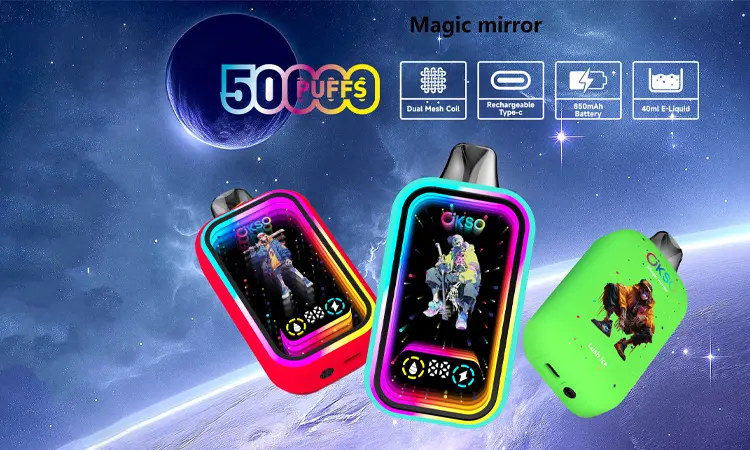 OKSO Magic Mirror 50K disposable vape with 50,000 puffs, dual mesh coil, LED display, 2% nicotine and USB-C rechargeable battery