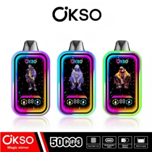 Main image of OKSO Magic Mirror 50K disposable vape with RGB mirror design, 50,000 puffs, dual mesh coil, 40ml e-liquid and 850mAh Type-C rechargeable battery.