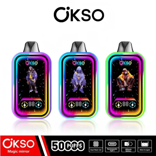 Main image of OKSO Magic Mirror 50K disposable vape with RGB mirror design, 50,000 puffs, dual mesh coil, 40ml e-liquid and 850mAh Type-C rechargeable battery.